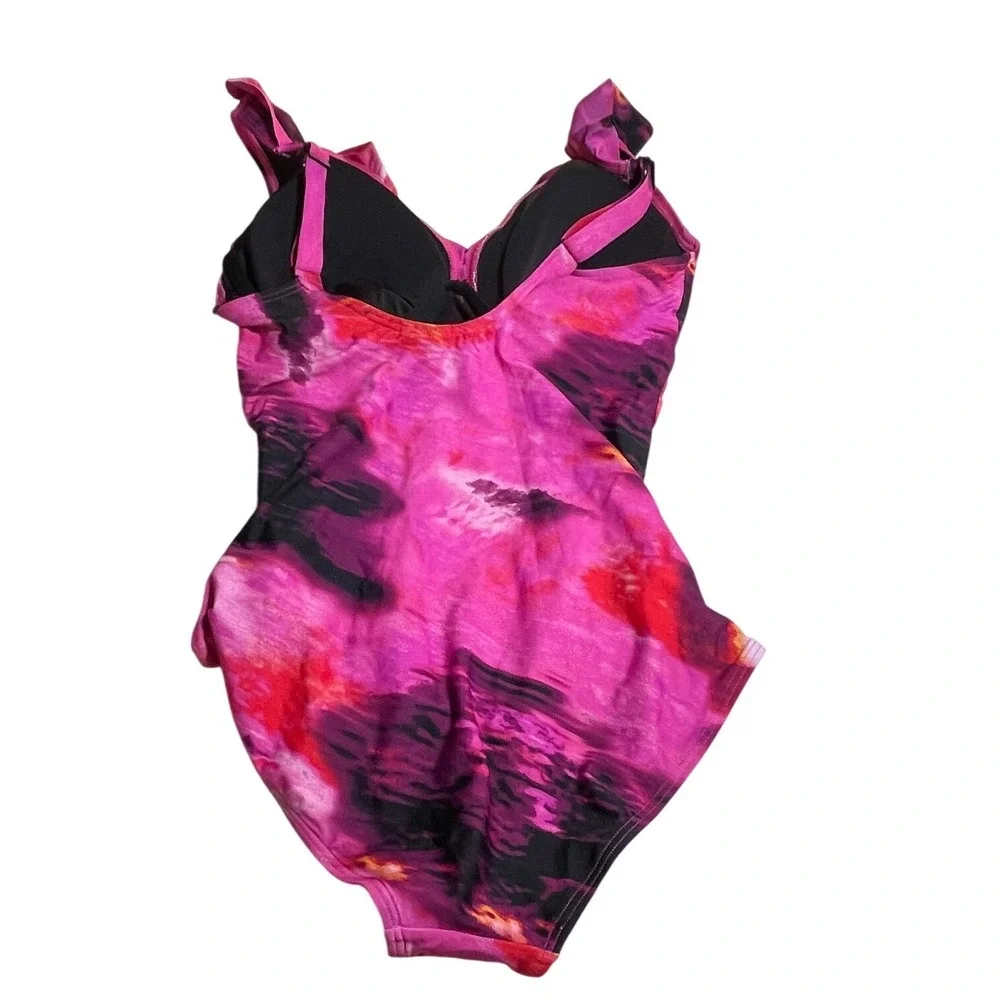 DKNY Womens Pink Abstract Watercolor Ruffle One Piece Swimsuit Underwire M NEW - Picture 2 of 7